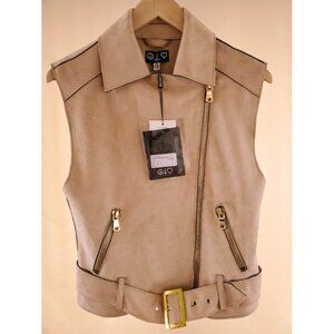 NWT Missguided Faux Suede Sleeveless Moto Vest With Zipper & Belt Nude Size 2